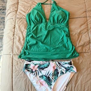 Green Halter Tankini Top with Floral Bikini Bottom